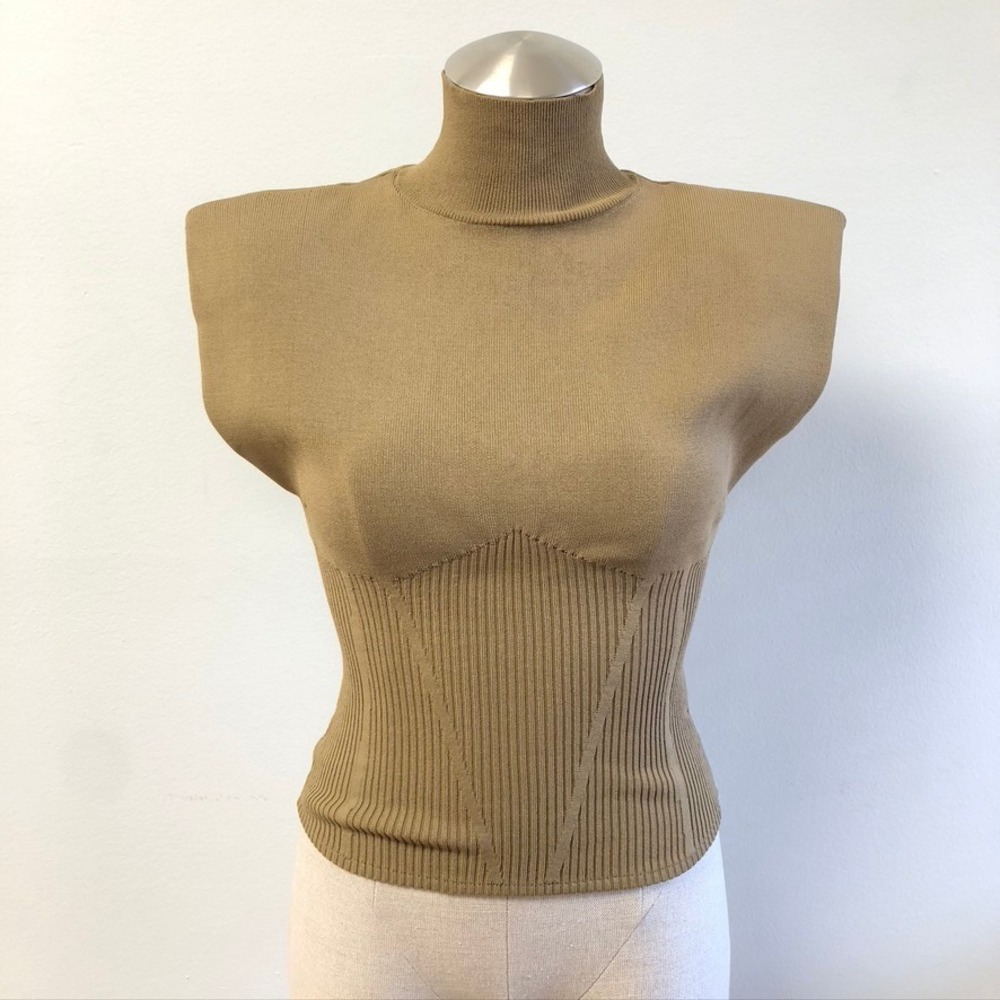 Zara Knit Top Womens S Tan Sleeveless Padded Shoulder‎ Corset Ribbed Mock Neck